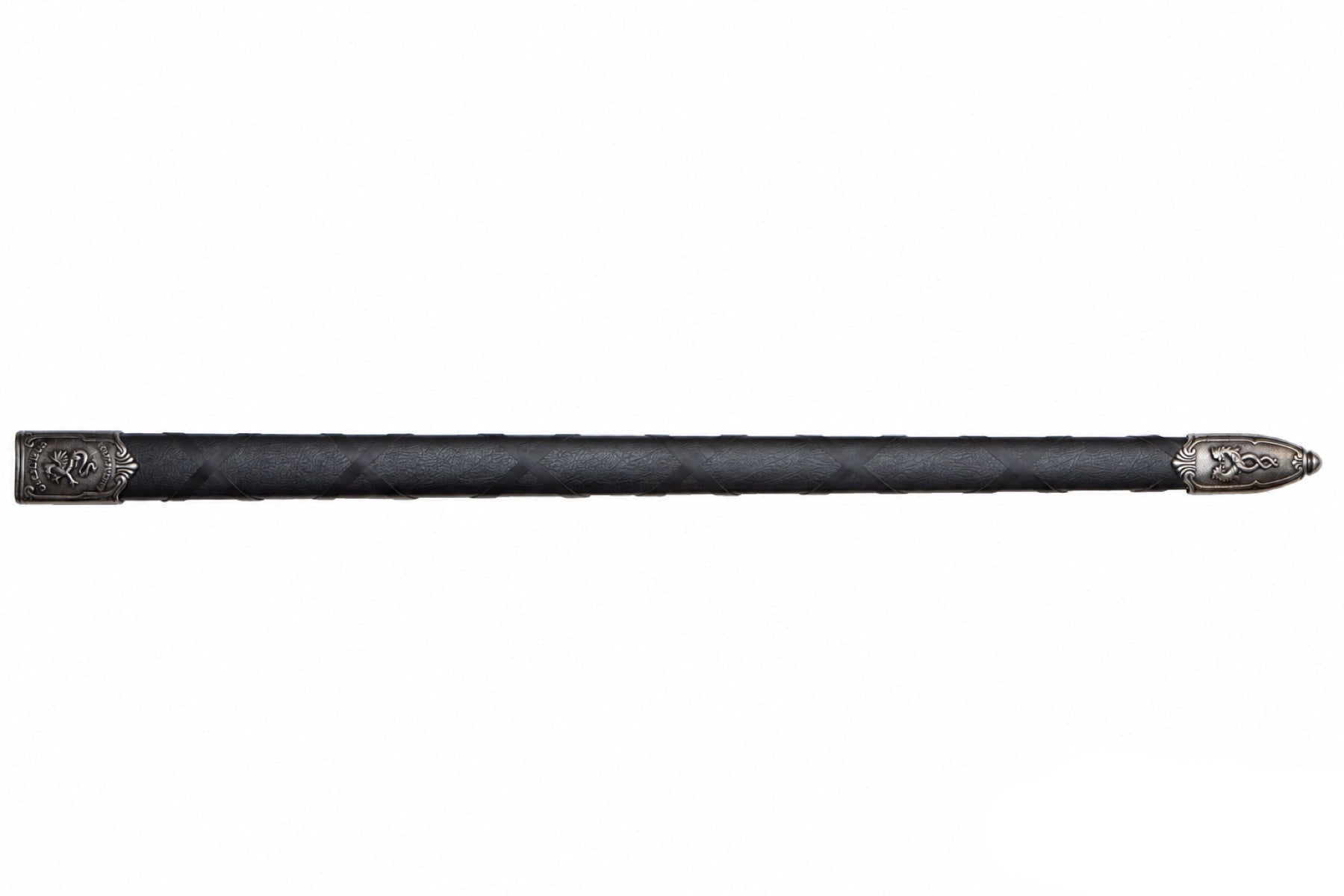 Denix Excalibur sword black scabbard with nickel fittings on a white background