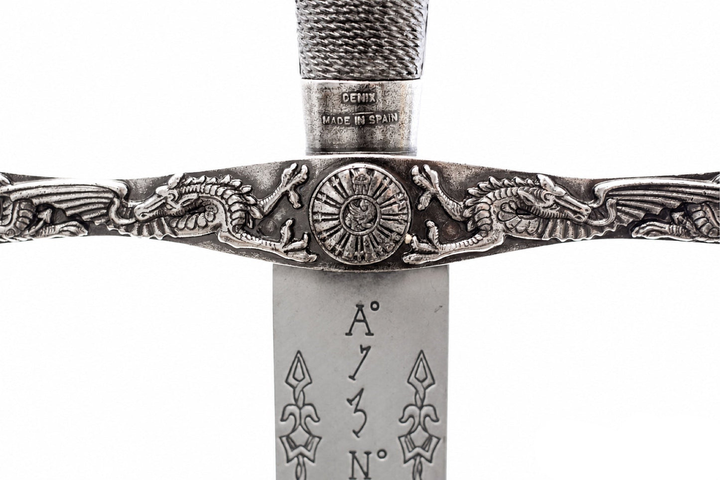 Denix Excalibur sword dragon crossguard and Made in Spain marking on white