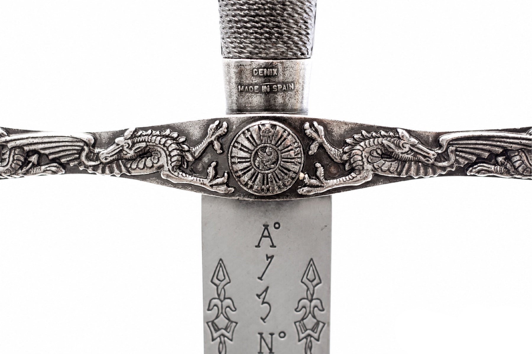 Denix Excalibur sword dragon crossguard and Made in Spain marking on white