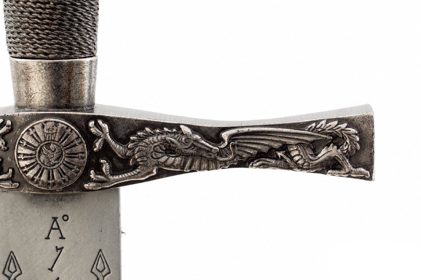 Denix Excalibur sword nickel dragon crossguard detail on white