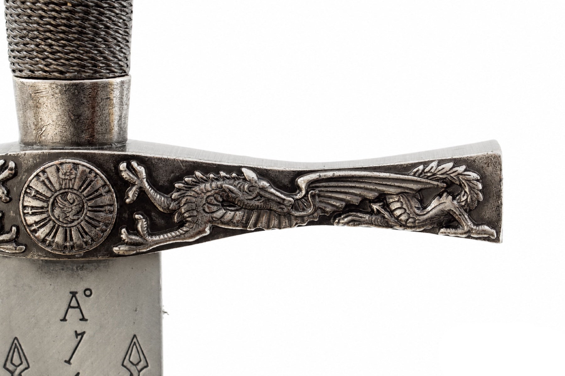 Denix Excalibur sword nickel dragon crossguard detail on white