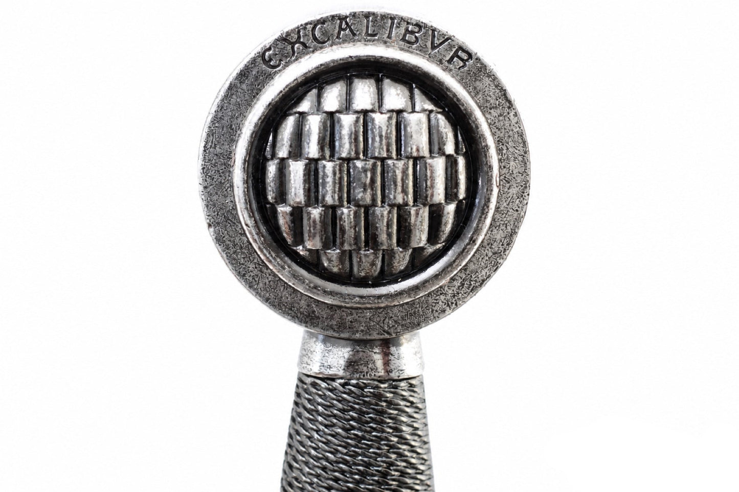 Denix Excalibur sword inscribed round pommel detail on white
