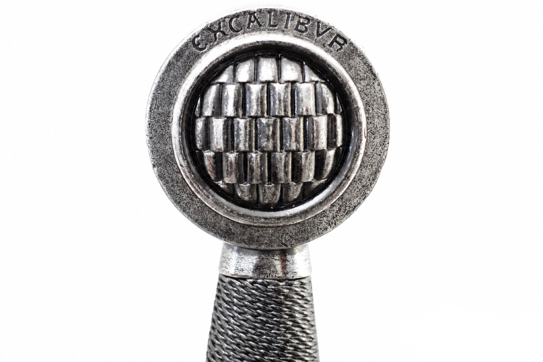 Denix Excalibur sword inscribed round pommel detail on white