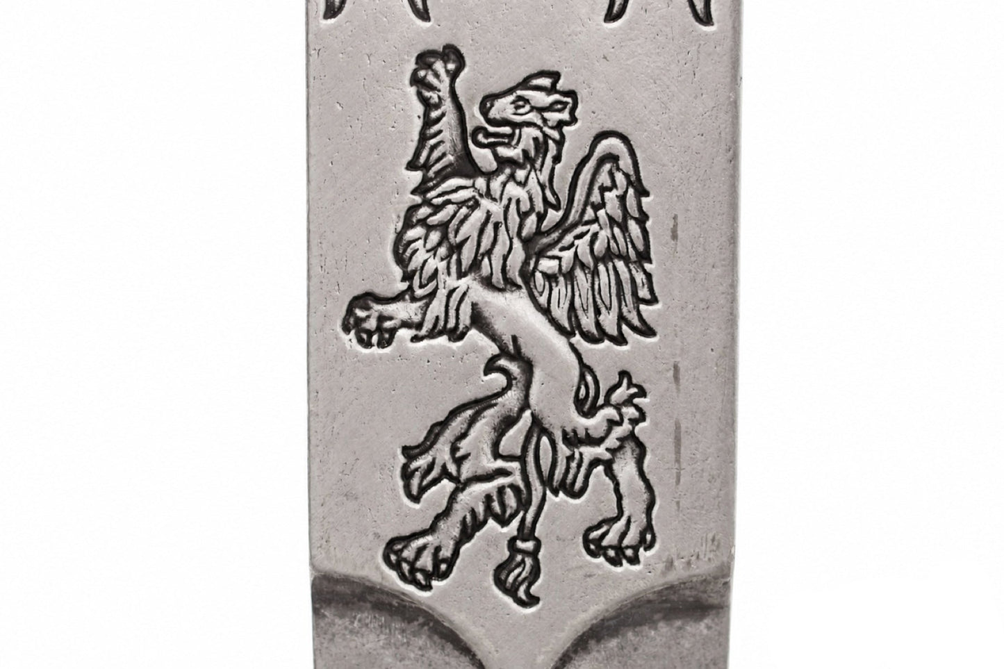 Denix Excalibur sword griffin blade engraving detail on white