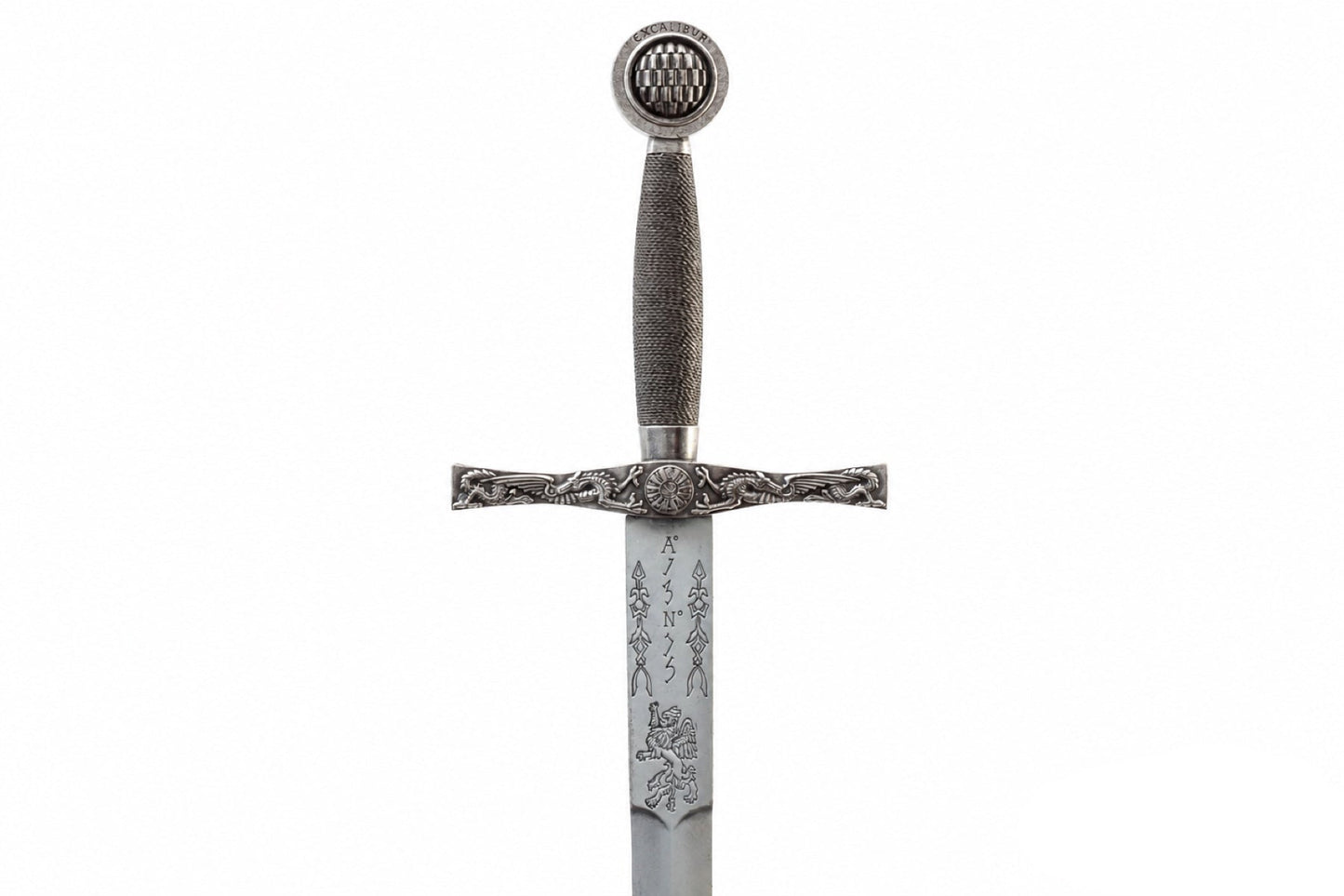 Denix Excalibur sword nickel hilt, dragon crossguard, and blade inscription on white