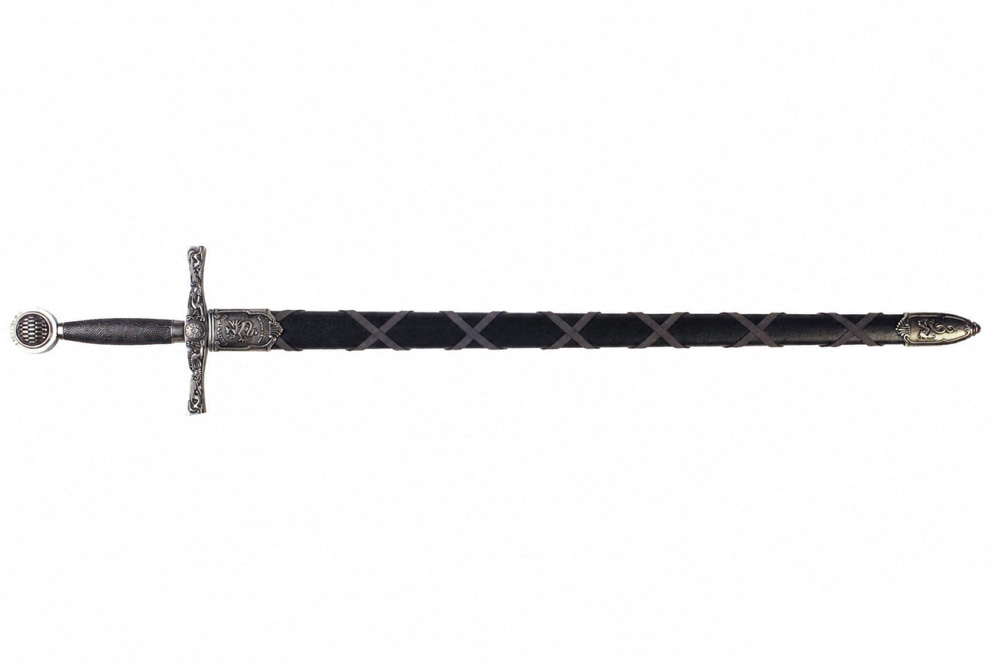 Denix nickel-finish Excalibur sword replica fully sheathed on a white background