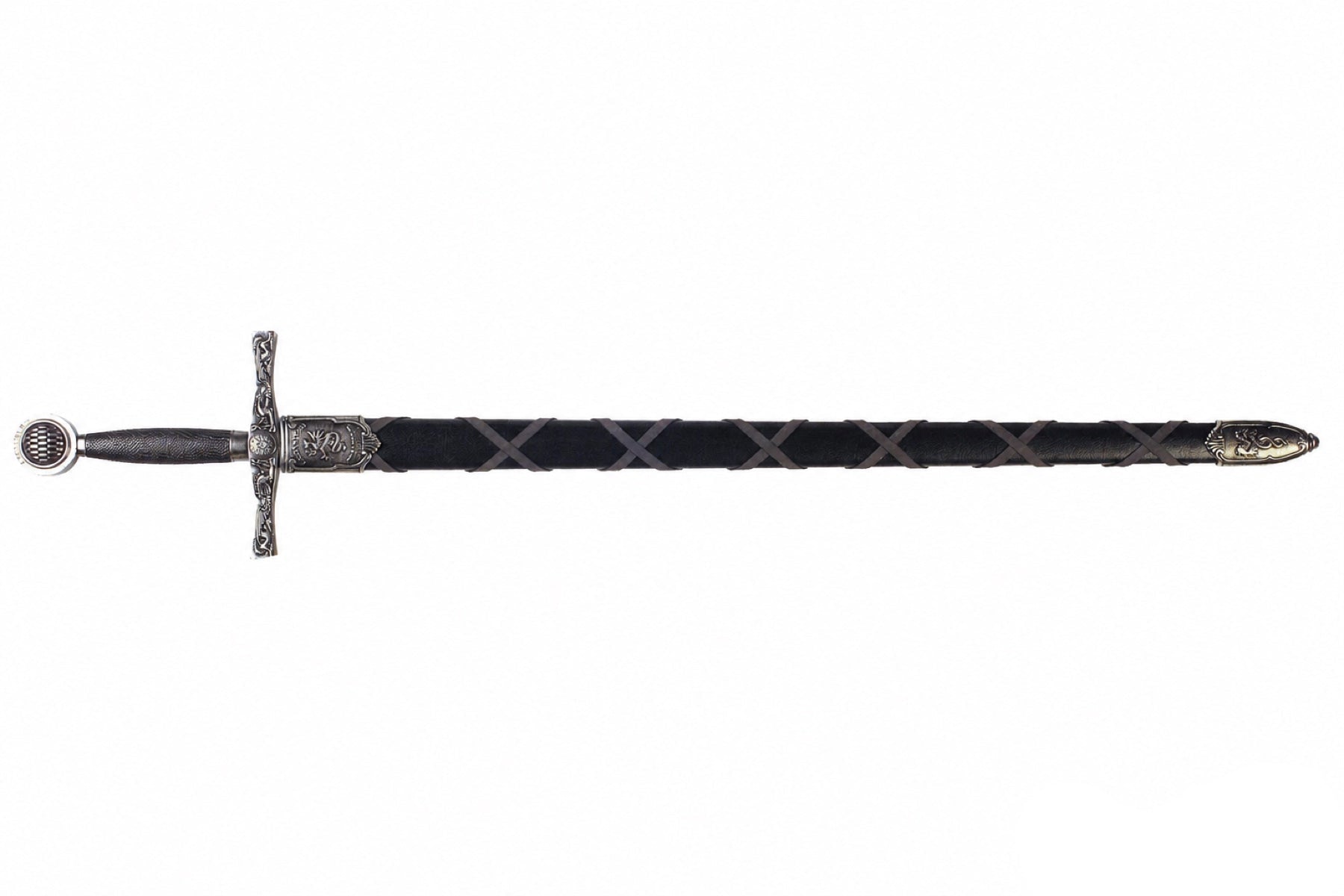 Denix nickel-finish Excalibur sword replica fully sheathed on a white background