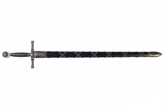 Denix nickel-finish Excalibur sword replica fully sheathed on a white background