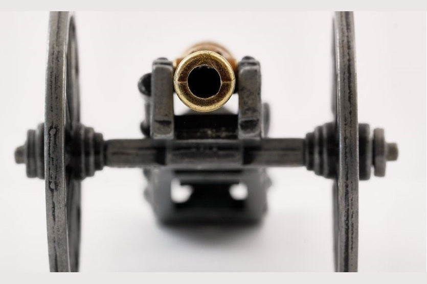 close up with a cannon model from the front view