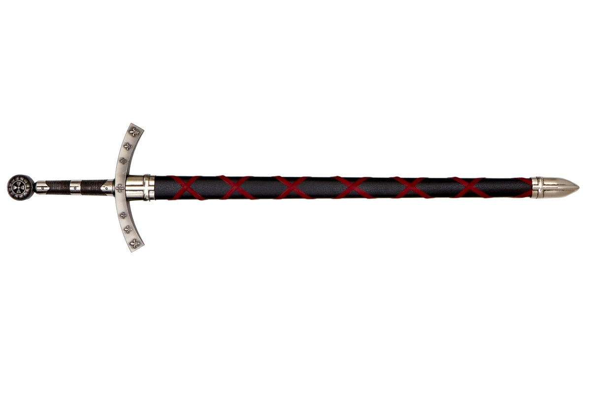 Denix 4188 Hugo de Payens sword in black scabbard with red cross-wrap, nickel-finish guard, hilt at left