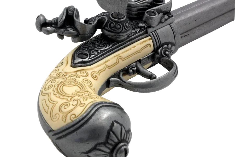 Denix Italian flintlock pistol replica featuring three barrel design