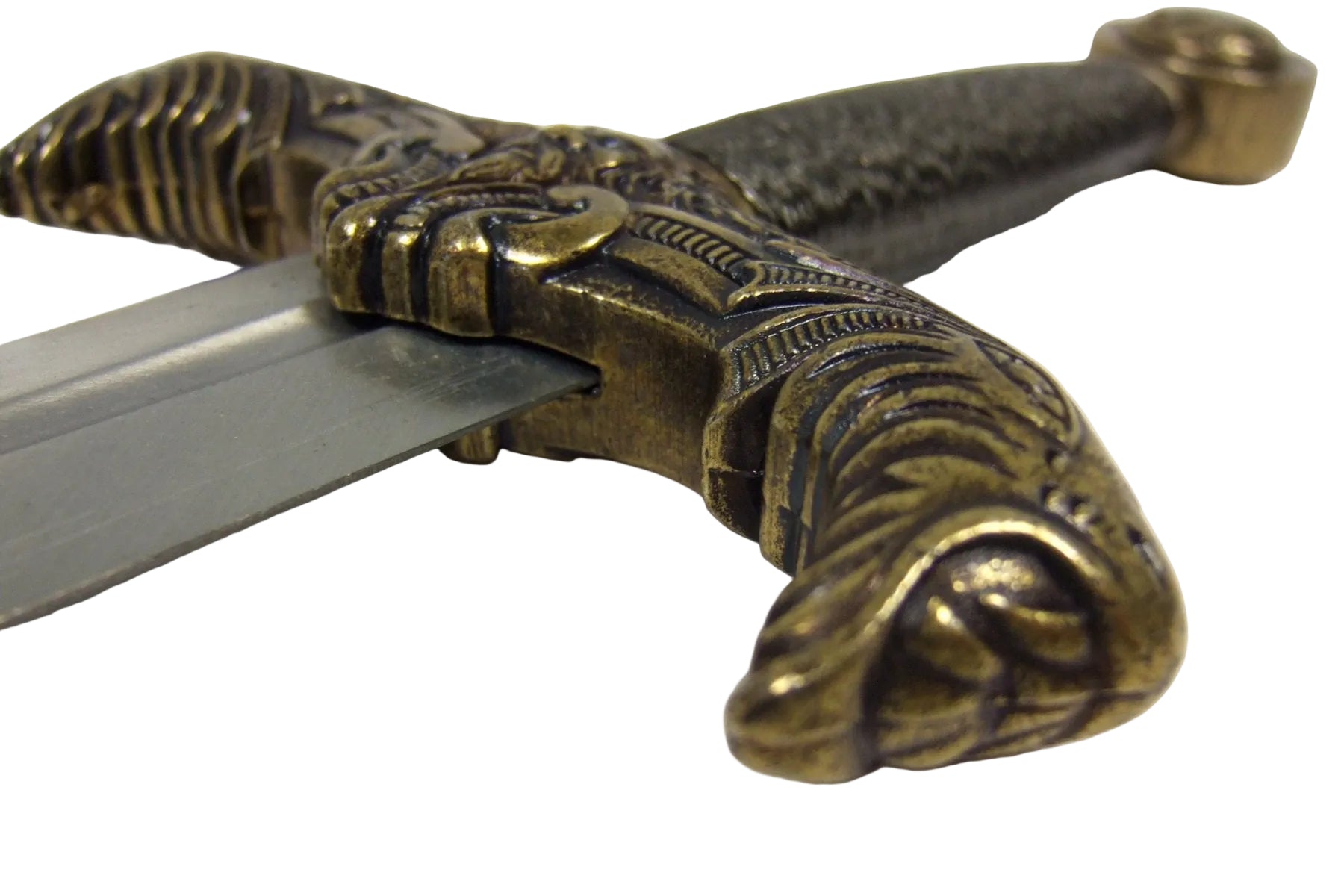 King Arthur dagger crossguard and steel-finish blade angled detail