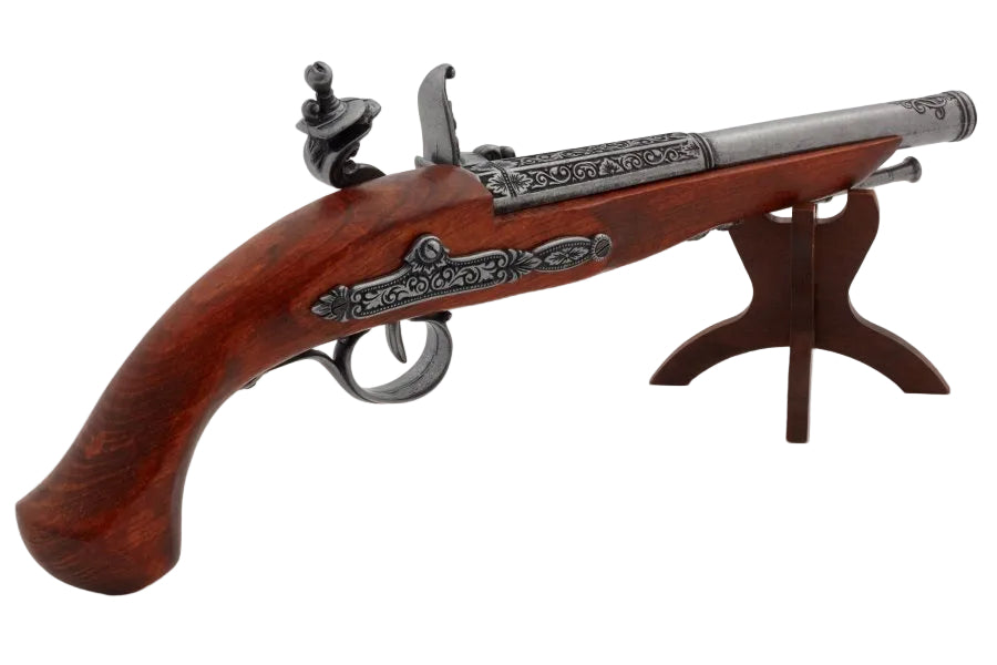 Denix left handed flintlock gray finish angled perspective showing full profile