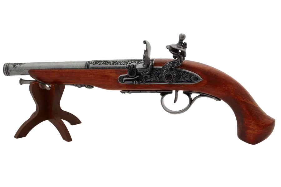 Denix left handed English flintlock gray finish close up of engraved lock and trigger