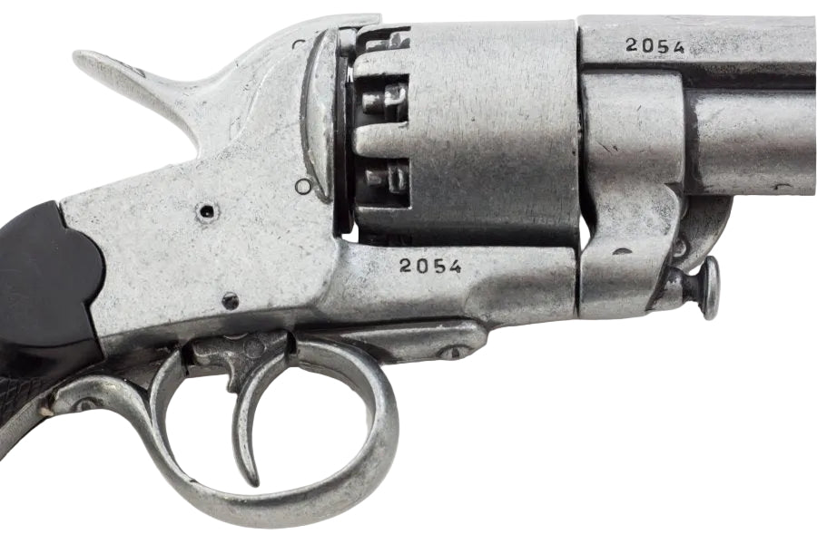 Close view of Denix LeMat revolver replica showing cylinder, barrel, and grip details
