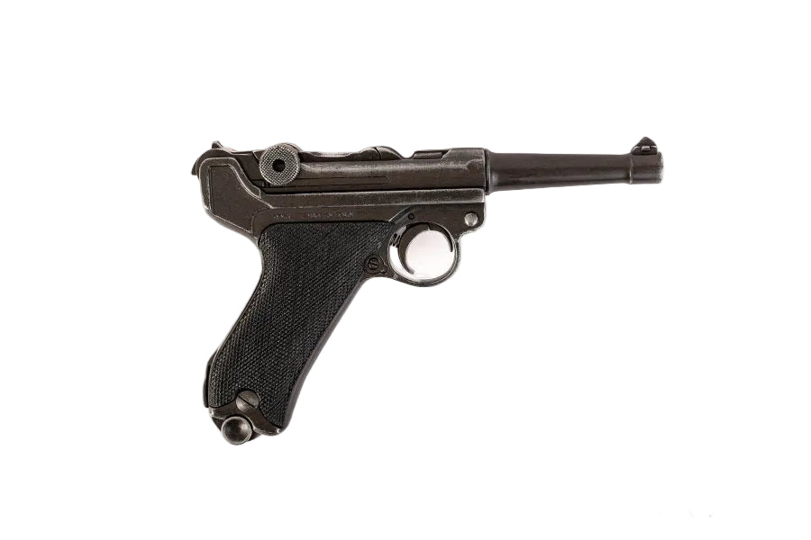 Black Luger pistol on a white background with Denix logo.