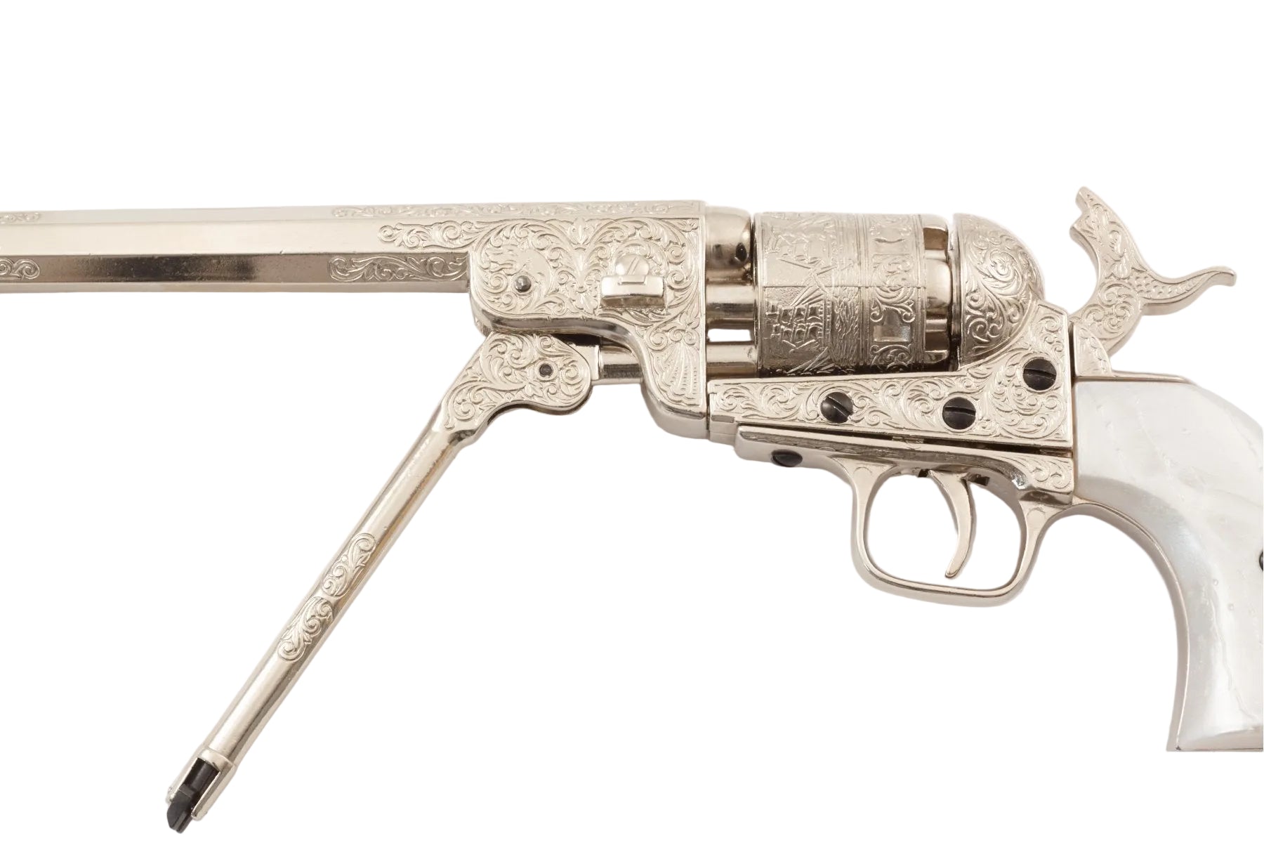 Right profile of the Denix M1851 Civil War-era Navy pistol replica in a silver finish