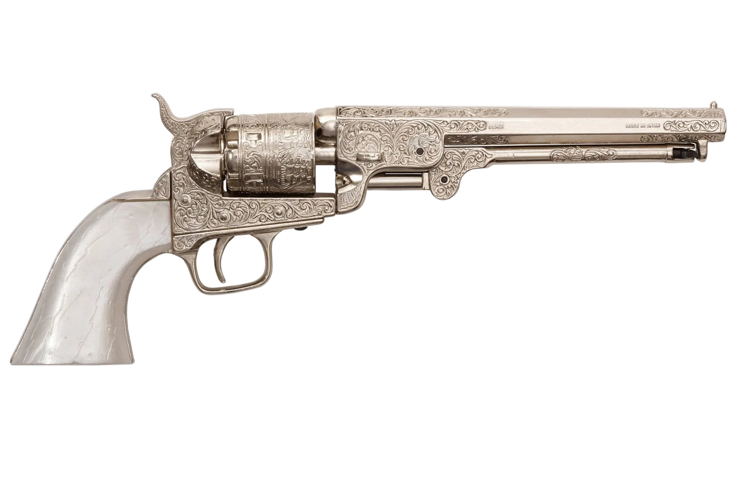 Denix M1851 engraved silver Navy pistol with faux pearl grips, shown as a non-firing Civil War replica