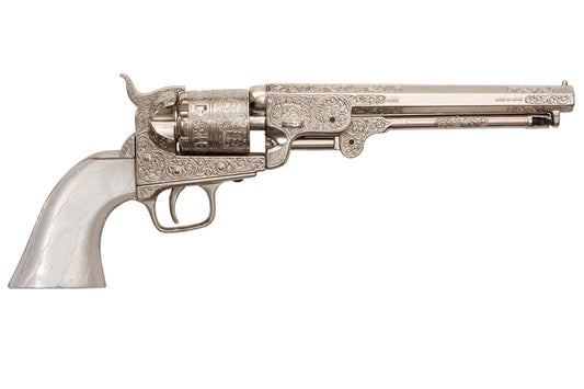 Denix M1851 engraved silver Navy pistol with faux pearl grips, shown as a non-firing Civil War replica