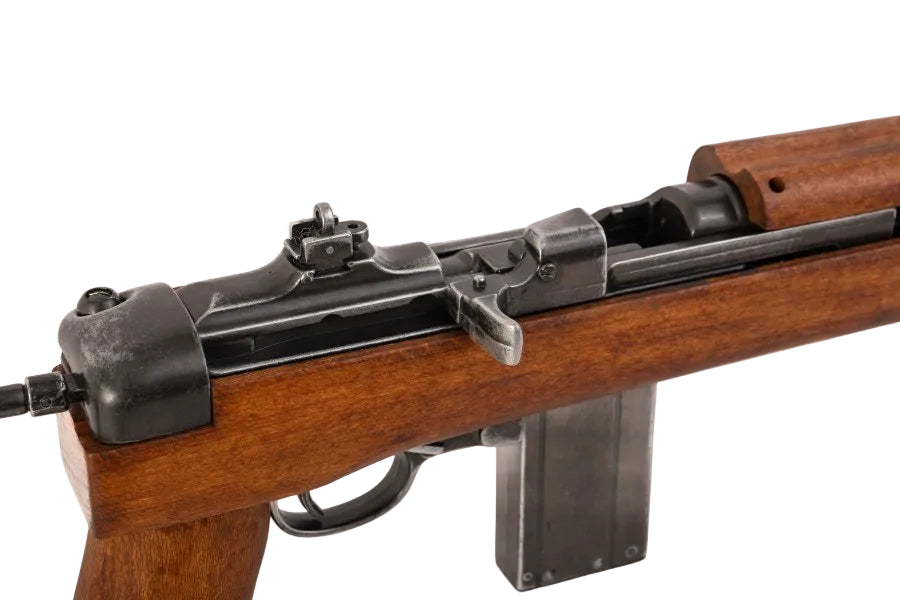 Close-up of a wooden rifle with metal components on a white background, featuring the Denix logo.