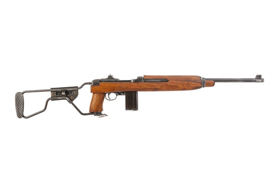 Rifle with wooden stock and metal parts on a white background, Denix brand visible