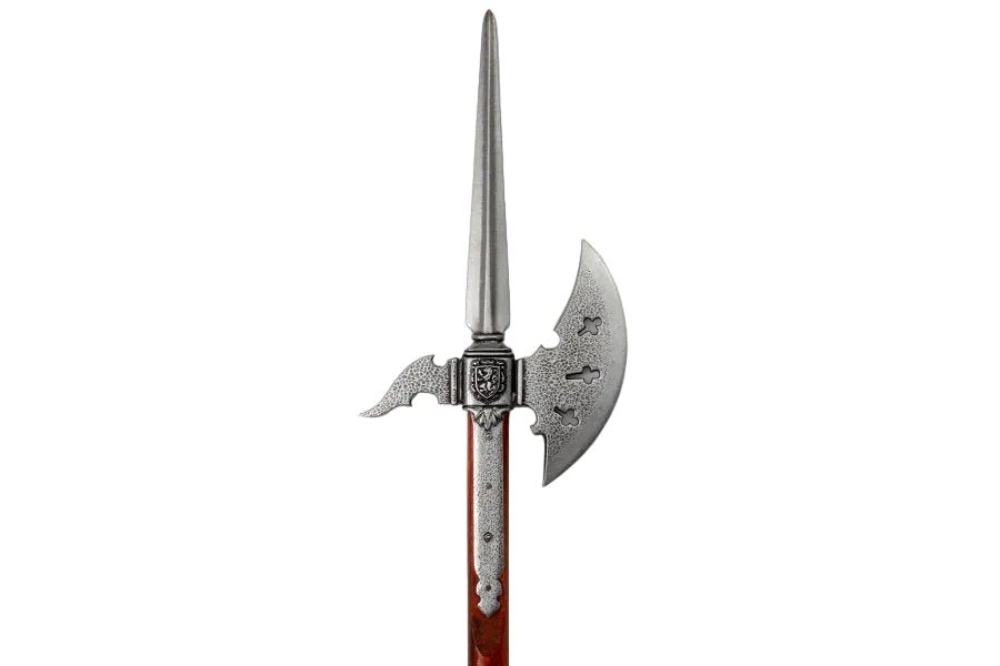 Denix medieval halberd replica side view with wooden pole