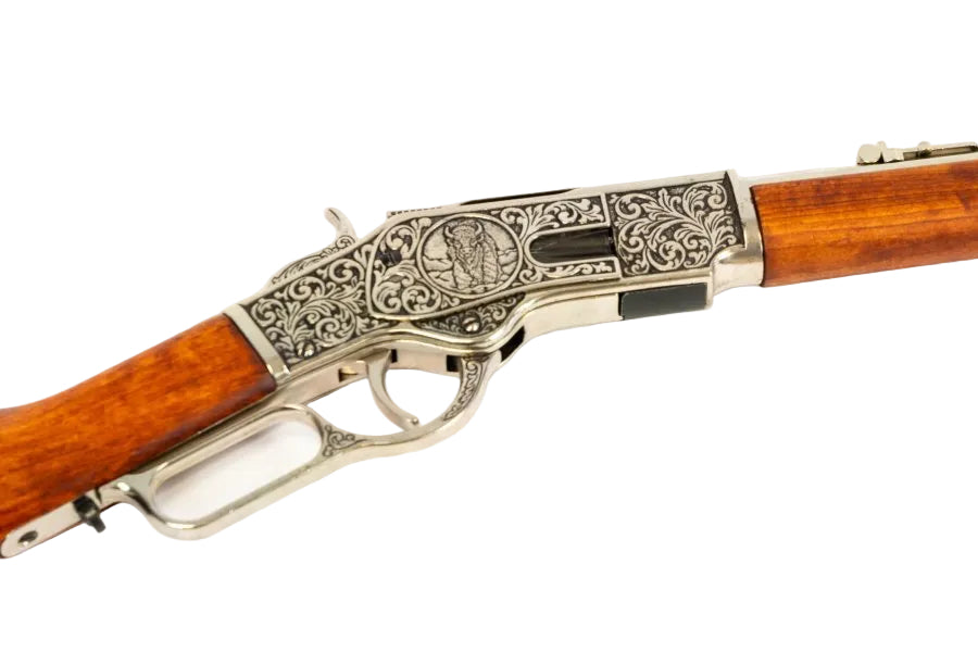 Denix Model 1873 carbine replica featuring engraved receiver and bright silver barrel