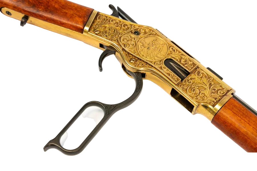 Denix Model 1873 carbine replica featuring engraved gold tone receiver and wood stock