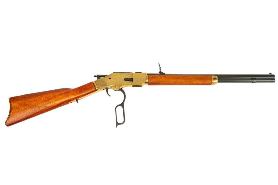 Denix Model 1873 carbine replica featuring polished brass tone finish and wood stock