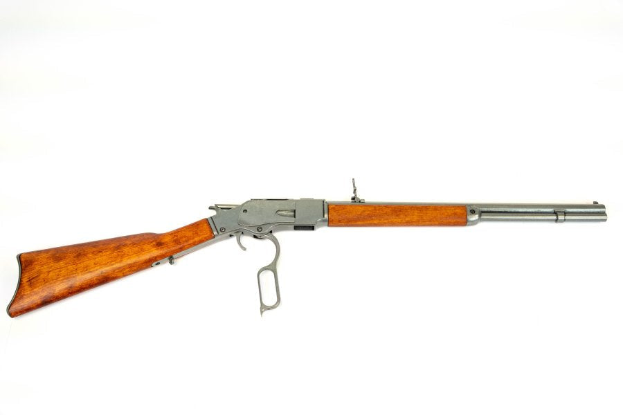 Denix Model 1873 carbine replica featuring grey steel receiver and traditional wood stock