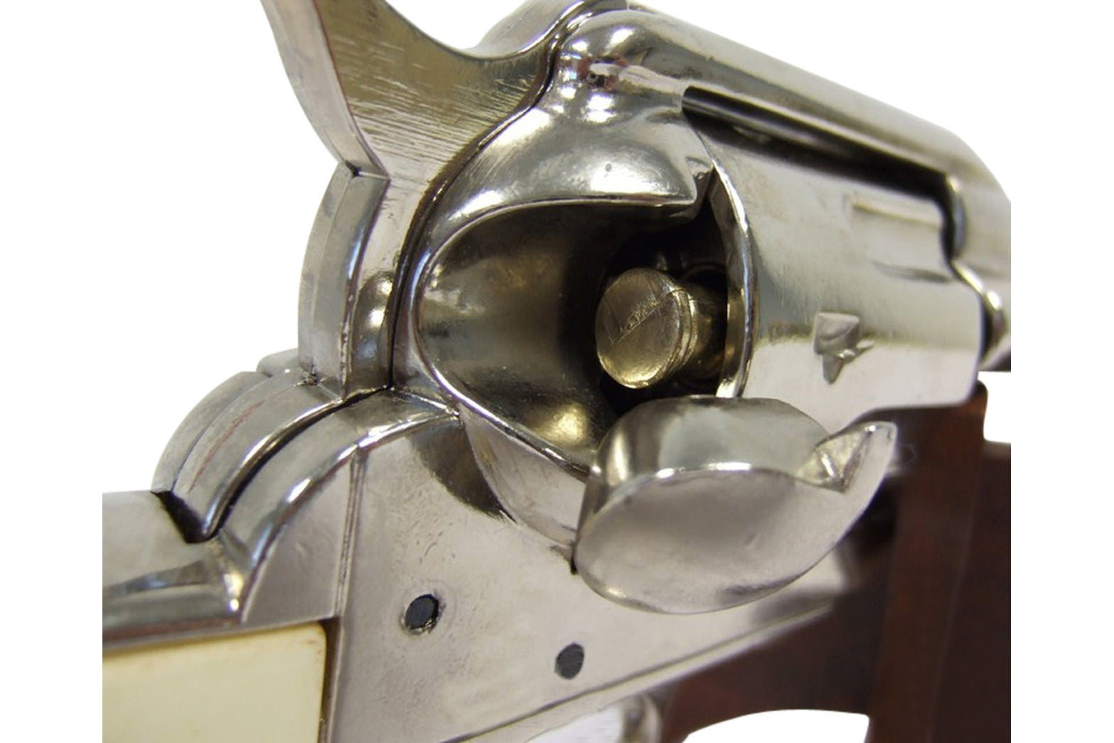 Angled perspective of Old West Frontier nickel finish revolver non-firing replica for historical display