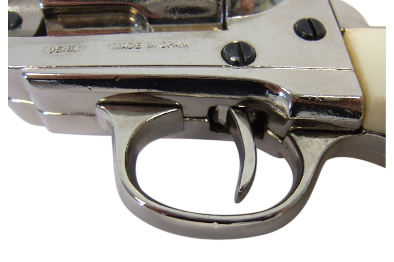 Cylinder and hammer area detail on Denix Old West Frontier non-firing revolver with nickel finish