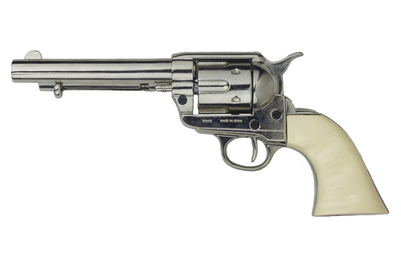 Full length view of Denix Old West Frontier replica revolver with nickel finish and ivory grips non-firing gun