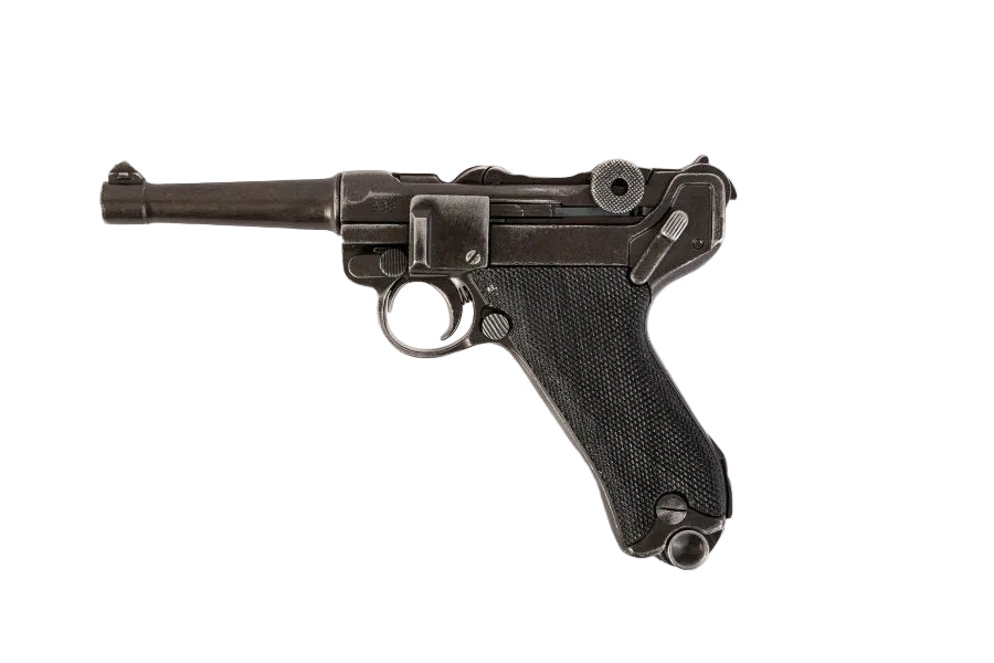 Vintage black Luger pistol on a white background with Denix logo.