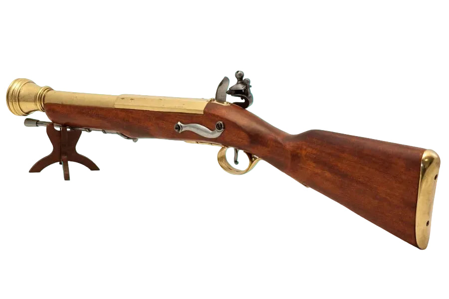 Wooden musket with brass accents on a white background, featuring the Denix brand.