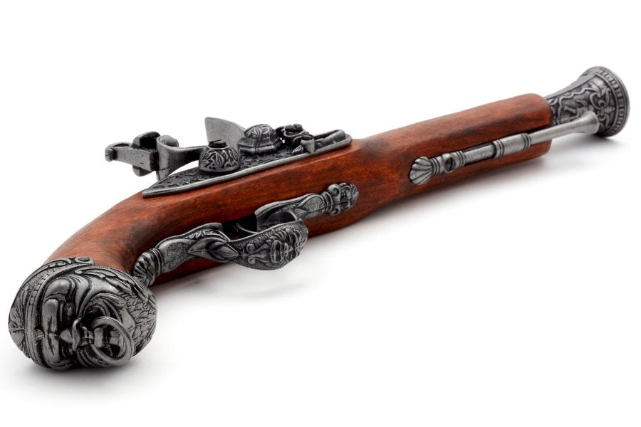 Angled view of Denix pirate flintlock pistol non-firing replica showcasing classic pirate weapon styling