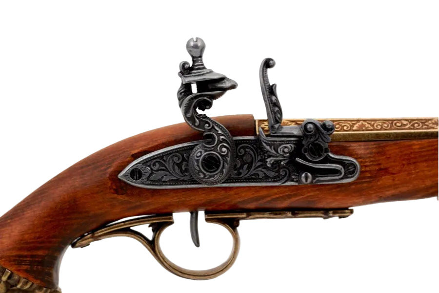 Denix pirate flintlock pistol replica with brass trim and wood grip