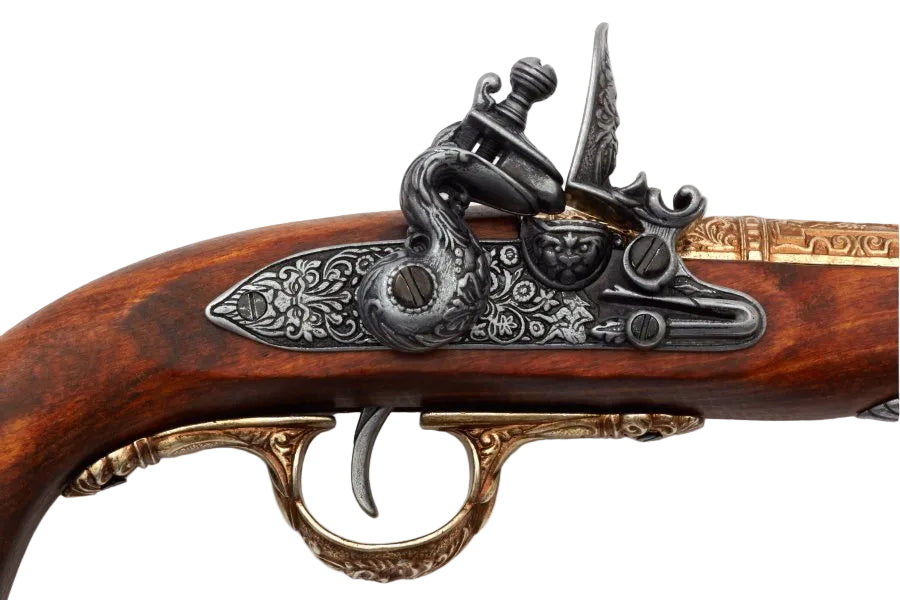Detailed view of Denix pirate flintlock pistol non-firing replica lock mechanism with authentic period styling