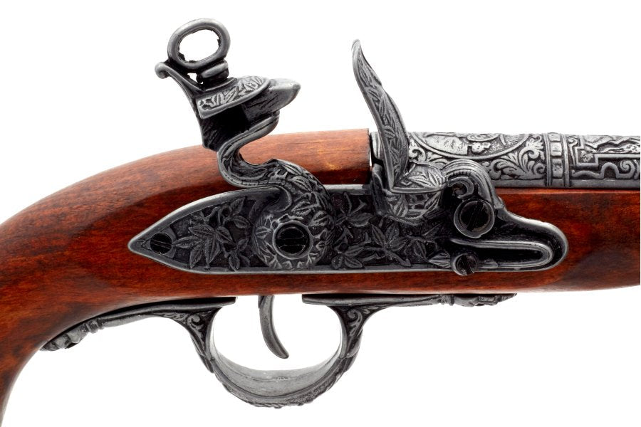 Detailed view of Denix pirate flintlock pistol non-firing replica lock mechanism with traditional historical styling