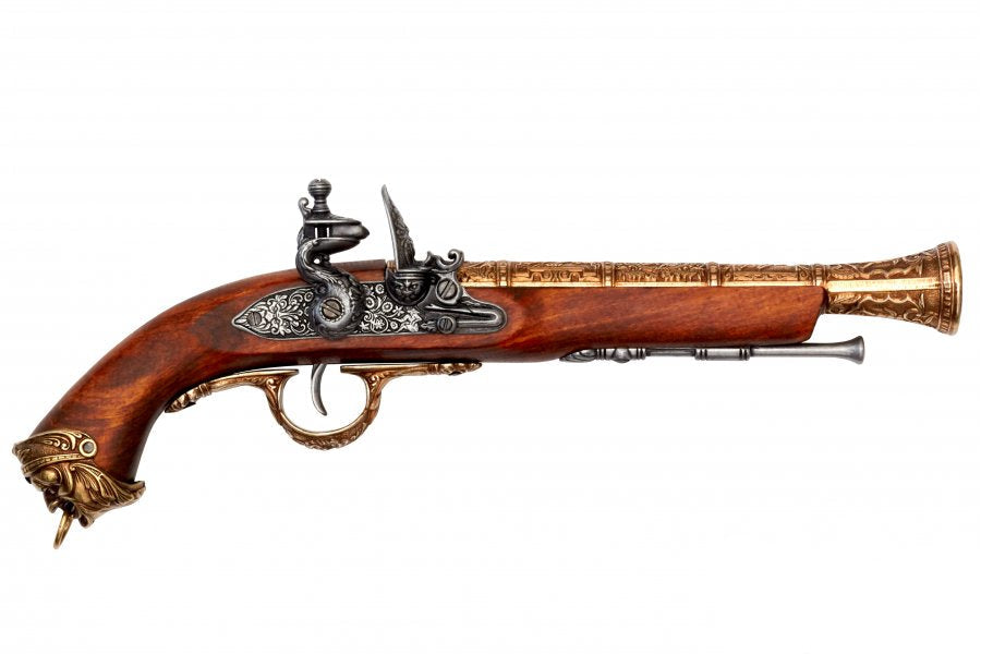 Right side view of Denix pirate flintlock pistol non-firing replica featuring brass construction and realistic details