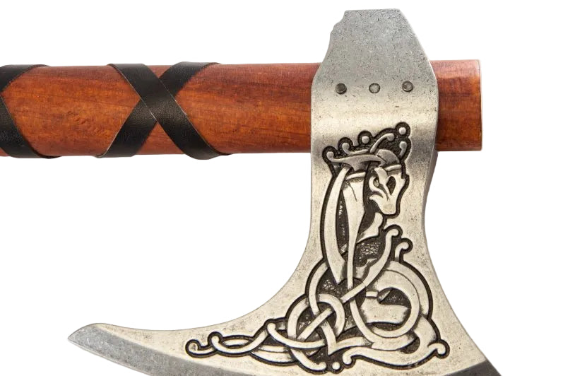 Denix Ragnar Viking battle axe leather wrapped wooden handle detail