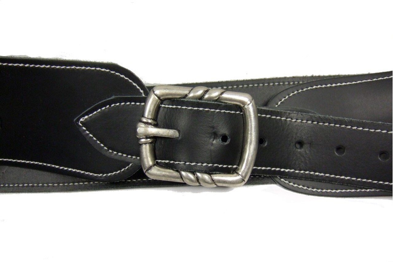 Black leather belt with a silver buckle on a white background