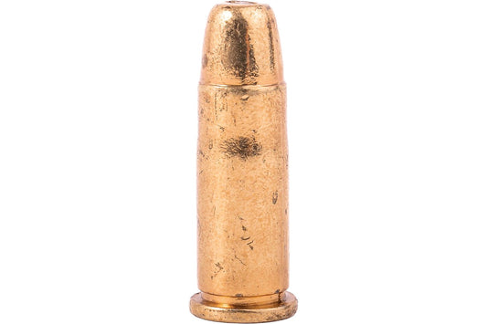 Bronze-colored bullet casing on a white background