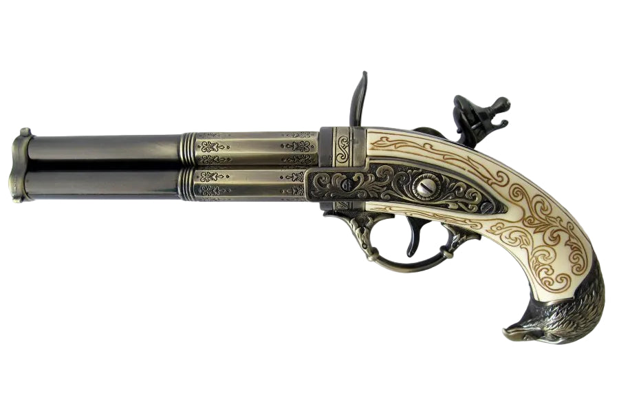 Denix three barrel flintlock pistol with decorative brass finish