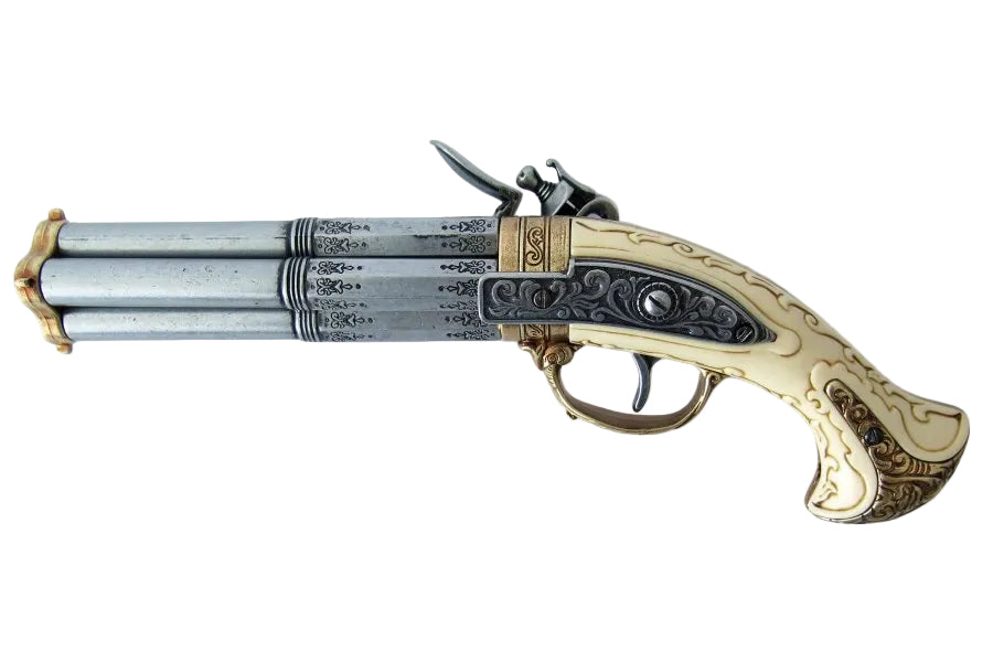 Replica 18th century triple barrel flintlock pistol in gray finish with detailed ivory style handle