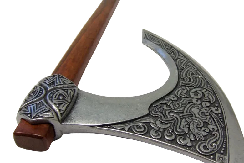 Denix Viking battle axe replica side view with wooden handle