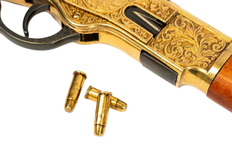 Denix Western 1873 carbine replica featuring decorative engraving and antique gold finish
