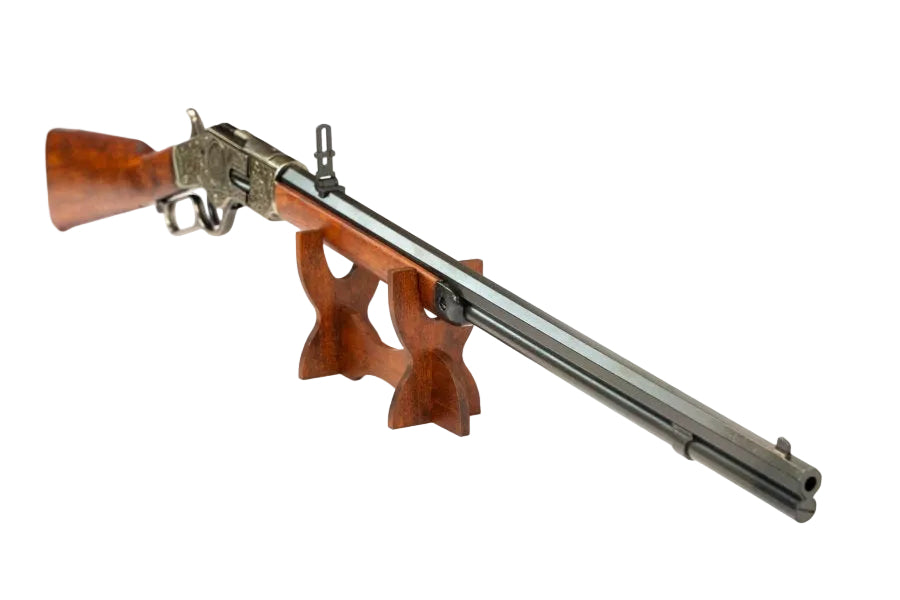 Denix Western 1873 rifle replica featuring detailed engraving and antique silver finish