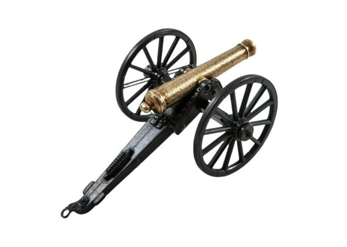 Model cannon with black wheels and a gold barrel on a white background