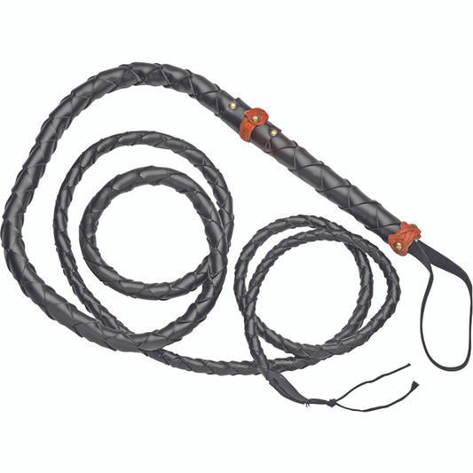 Black leather whip with red accents on a white background